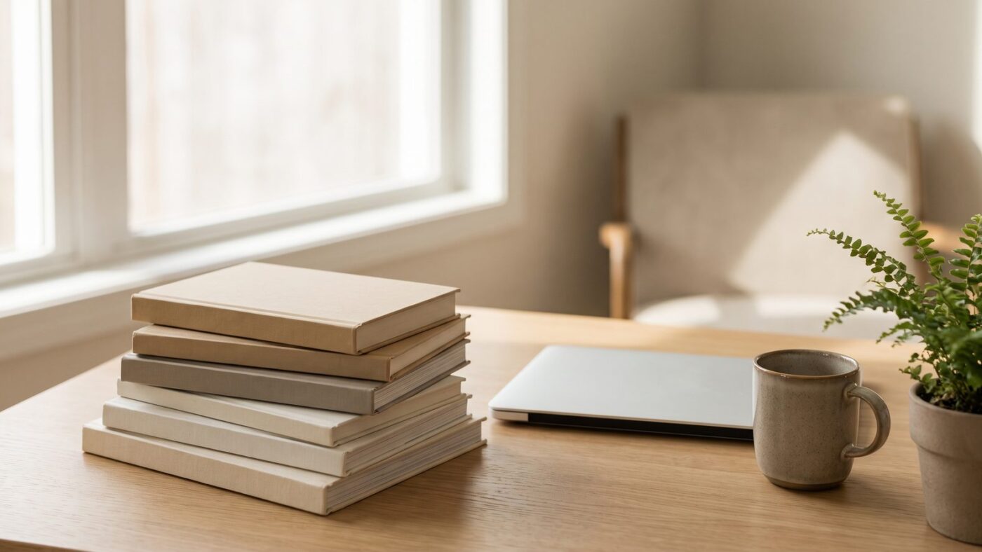 Pilha de livros sobre produtividade ao lado de um notebook em mesa de home office