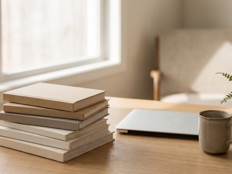 Pilha de livros sobre produtividade ao lado de um notebook em mesa de home office